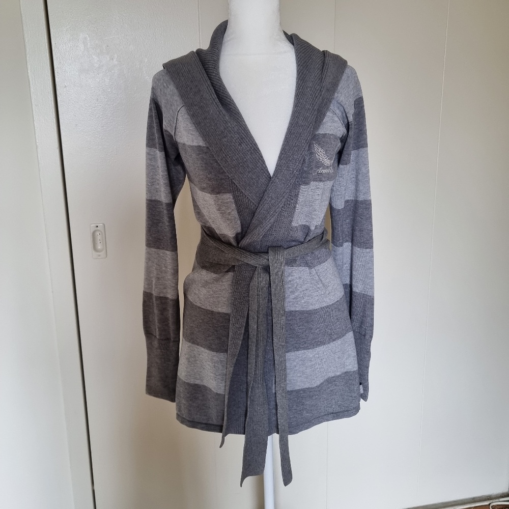 A/X ARMANI EXCHANGE Sz S Belted- Striped -Hooded Cardigan Sweater Gray Cotton